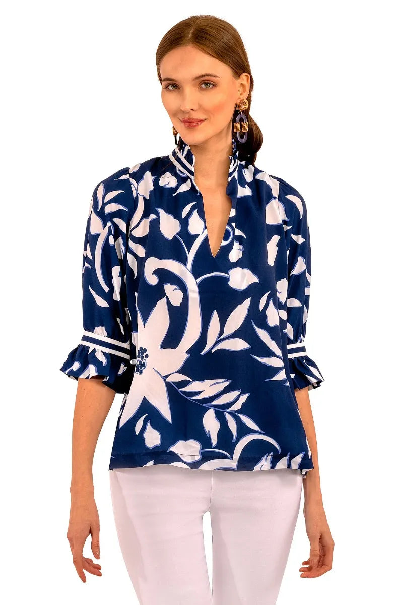 Gretchen Scott Ruffneck Tunic Full Bloom Navy