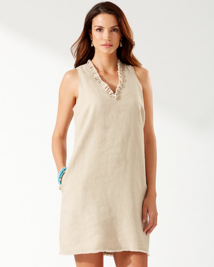 Tommy Bahama Two Palms Ruffle Linen Dress Natural