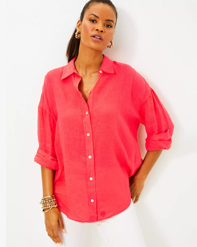 Lilly Pulitzer Stevey Relaxed Button Down Linen Shirt Mizner Red