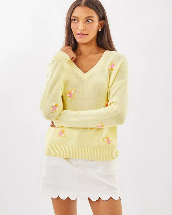 Lilly Pulitzer Tensley Sweater Heathered Lemon Chiffon Bee Embroidery