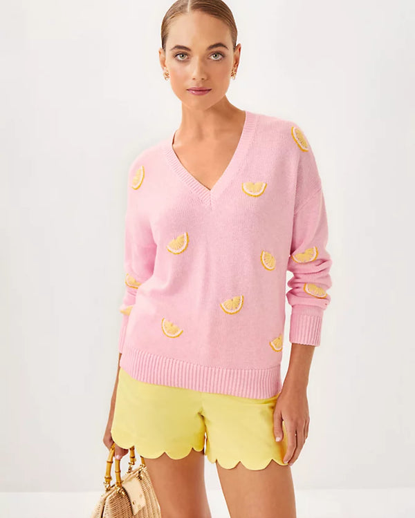 Lilly Pulitzer Tensley Sweater Heathered Pink Muse Fresh Squeezed Embroidery