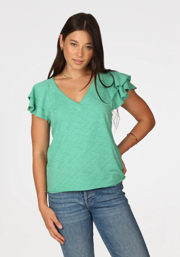 Dylan Ruffle Sleeve Deep V Top Kale