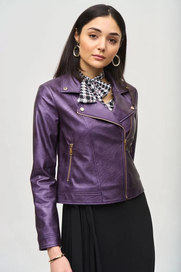 Joseph Ribkoff Faux Leather Biker Jacket Style 234902 Black Currant