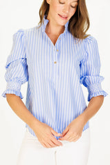 Duffield Lane Percy Popover Blouse Light Blue Double Stripe