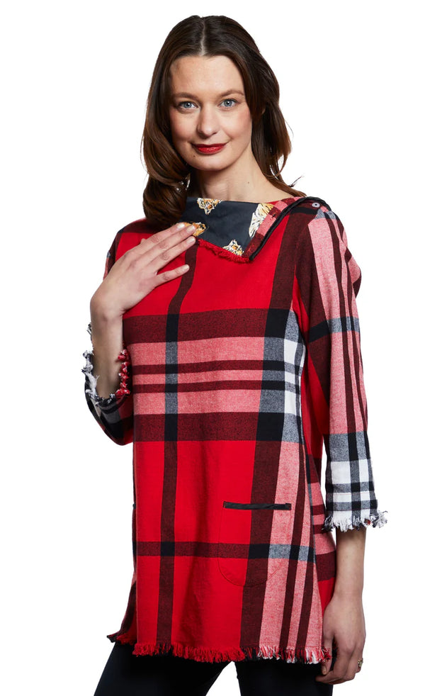 Dizzy Lizzie Aspen Cowl Neck Tunic with Fringe Red Flannel Plaid