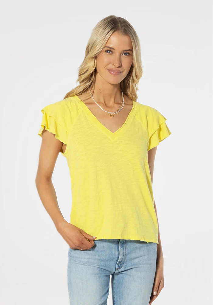 Dylan Ruffle Sleeve Deep V Top Lemon