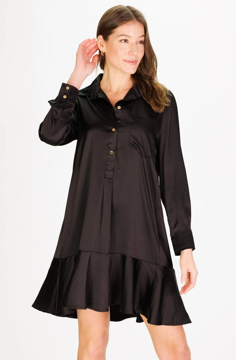 Duffield Lane Iris Drop Waist Shirt Dress Black Silky Satin