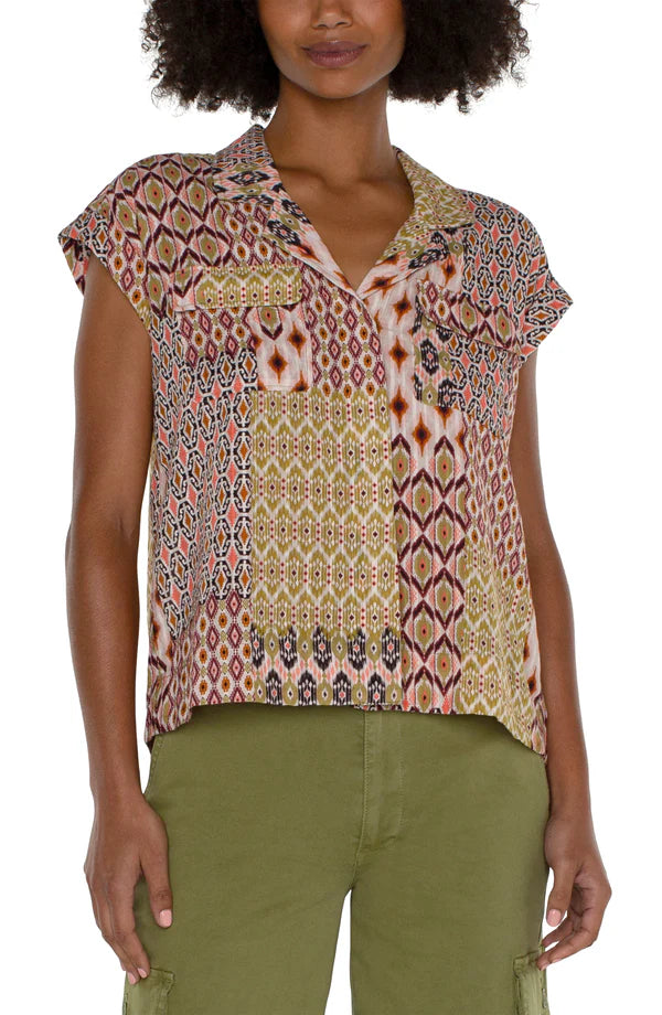 Liverpool Cropped Dolman Camp Shirt Geo Patchwork