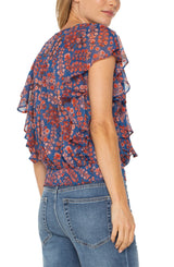 Liverpool Draped Front Top With Waist Tie Blue Pink Floral