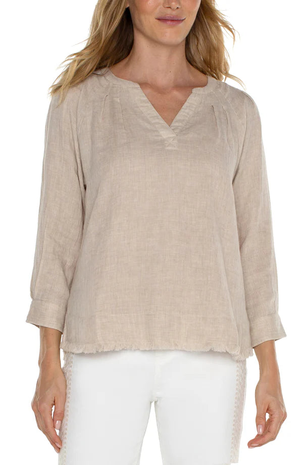 Liverpool 3/4 Sleeve Raglan Top with Fray Hem Beige