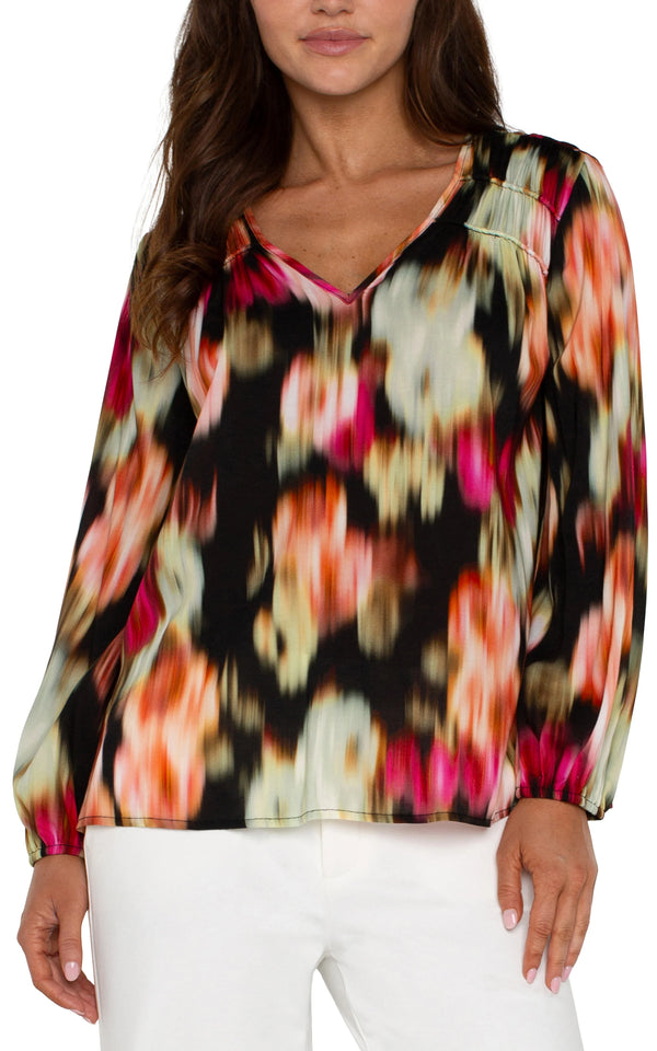 Liverpool Long Sleeve V-neck Shirred Woven Blouse Star Ruby Floral