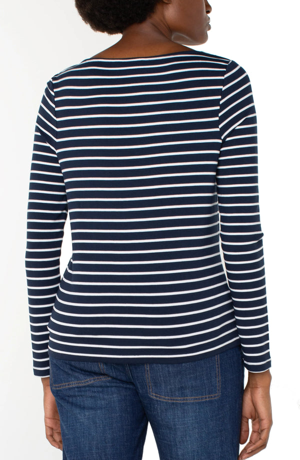 Liverpool Long Sleeve Boatneck Knit Top Navy/White