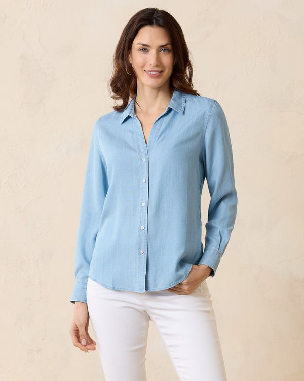 Tommy Bahama Chambray All Day Coastalina Long Sleeve Blouse Lt Storm Wash