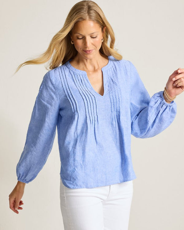 Tommy Bahama Coastalina Linen Pintuck Peasant Top Buccaneer Blue