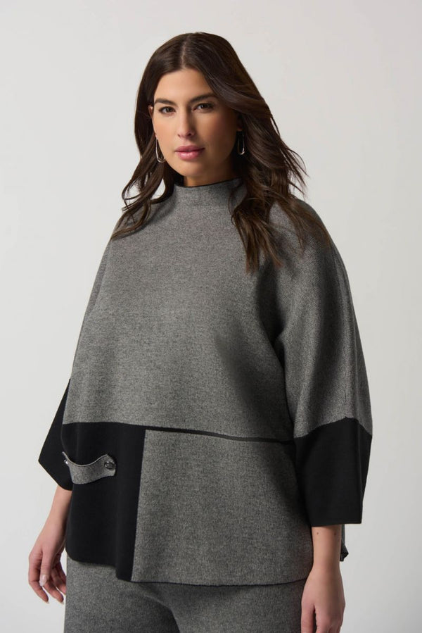 Joseph Ribkoff Black/Grey Colour-Block Funnel Collar Top Style 233935