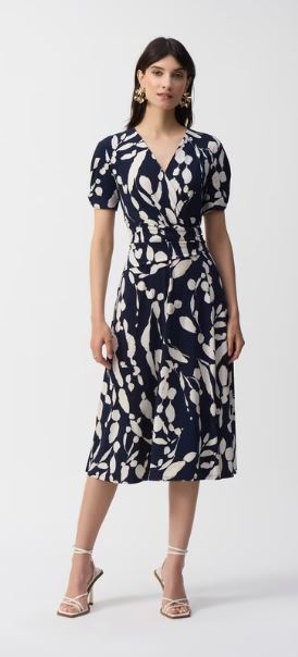 Joseph Ribkoff Floral V-neck Midi Dress Style 251014 Midnight Blue/Beige