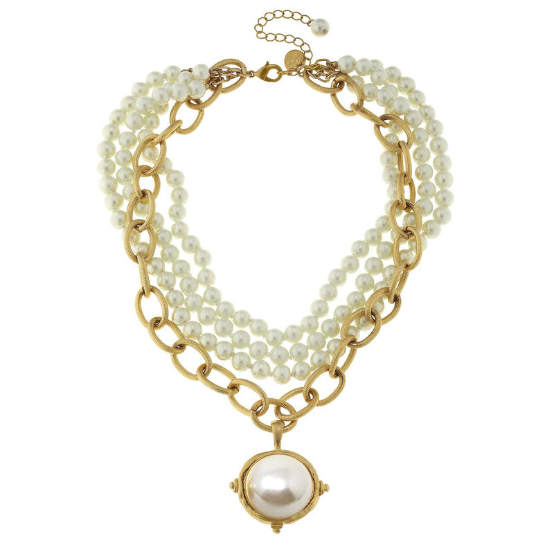 Susan Shaw Gold Oval & Fresh Water Pearl 4 Row Necklace