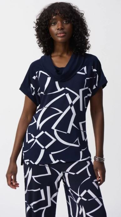 Joseph Ribkoff Abstract Print Top Style 251110 Midnight Blue/Vanilla