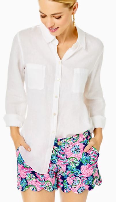 Lilly Pulitzer Sea View Linen Button Down Top Resort White