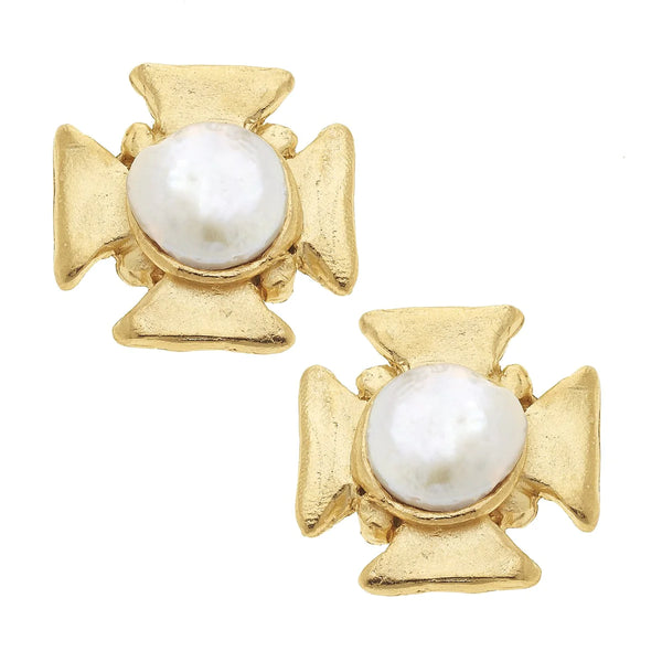 Susan Shaw Maltese Cross Pearl Studs Gold