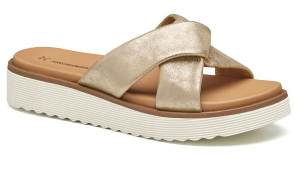 Johnston & Murphy Mitzi Knotted Slide Champagne Metallic Kid Suede