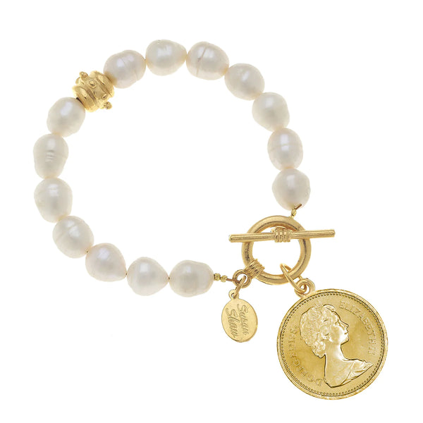 Susan Shaw Queen Elizabeth II Coin Pearl Bracelet