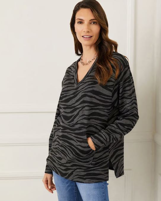 Karen Kane Long Sleeve V-Neck Sweatshirt Zebra