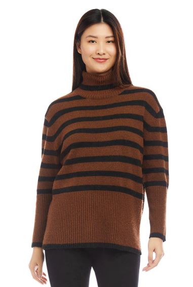 Karen Kane Striped Turtleneck Sweater Cognac/Black