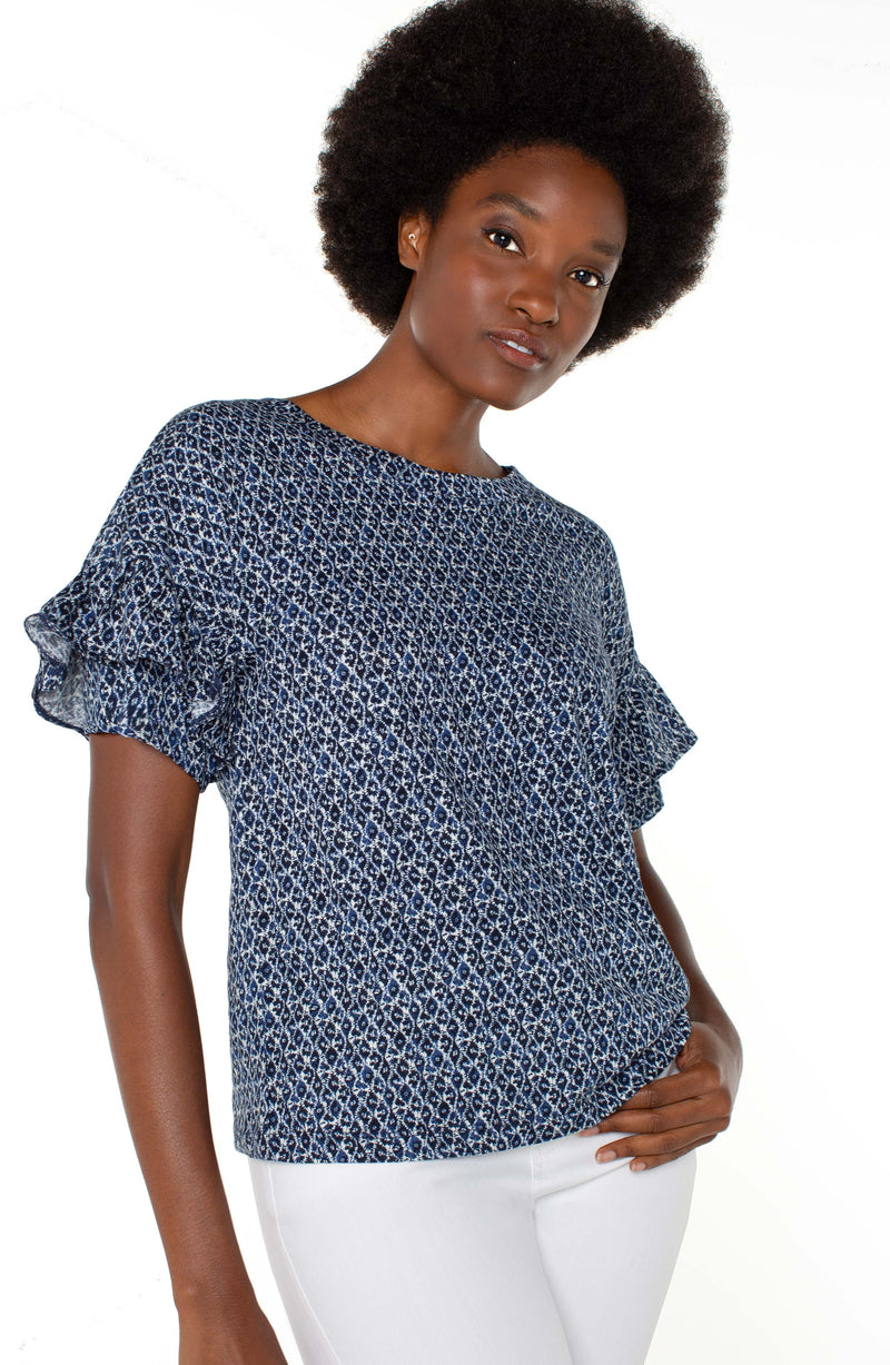 Liverpool 1/2 Sleeve Drop Shoulder Top with Ruffle Navy Cream Batik Mini