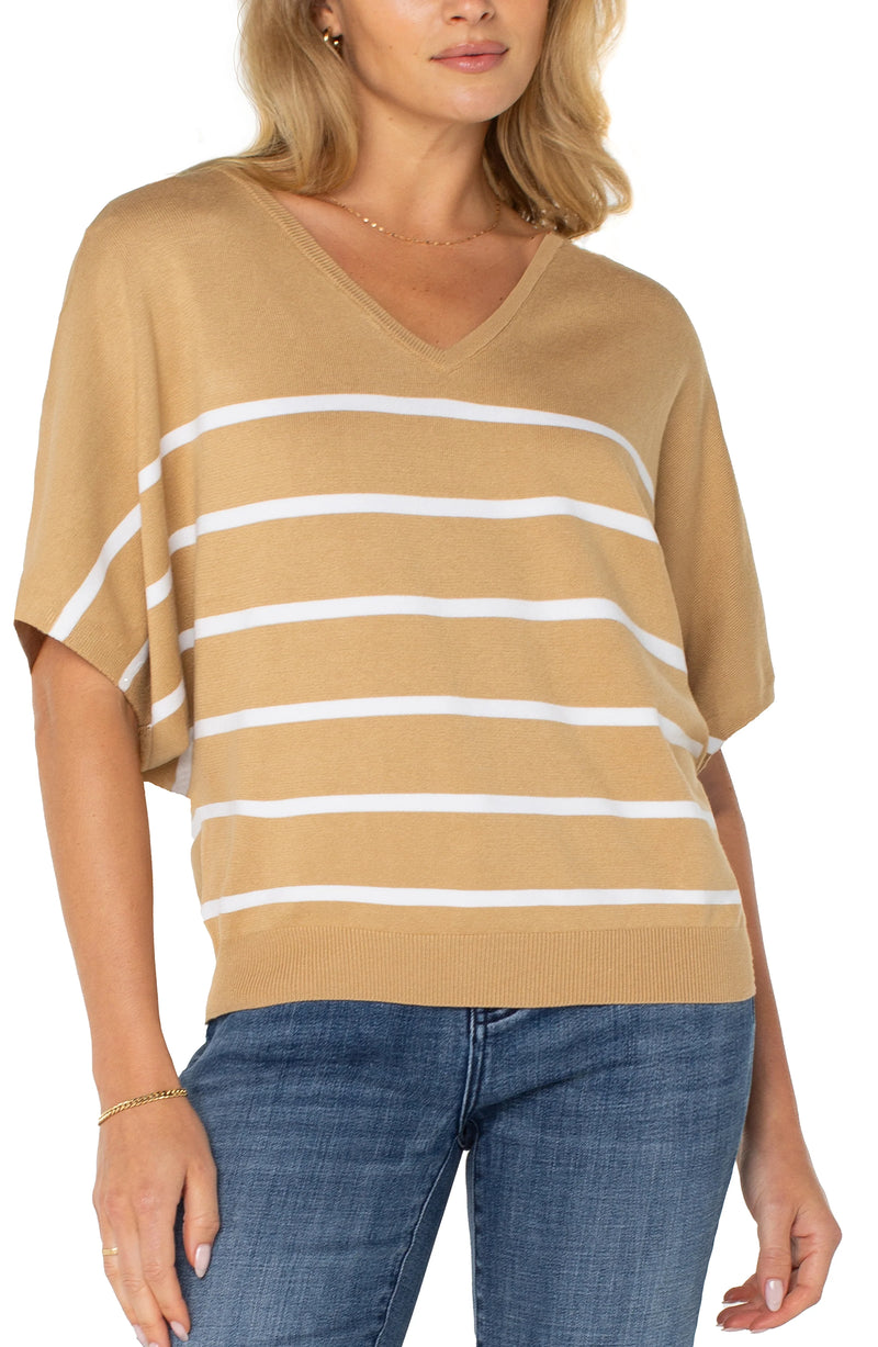 Liverpool Short Sleeve Dolman V-Neck Sweater Tan/White