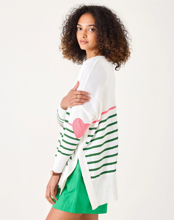 Mersea The Amour Sweater With Heart Patch- Kelly Green/Peach Stripe