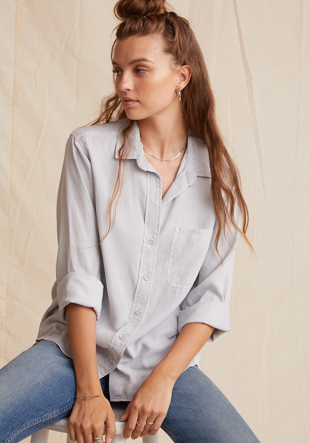 Bella Dahl Split Back Button Down Top- Foggy Sky – Dan's Southern Prep